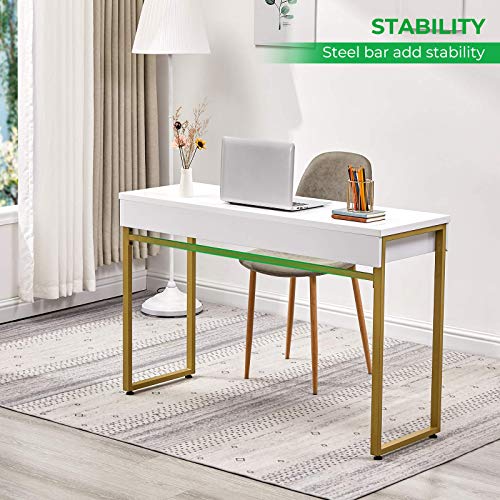 GreenForest Vanity Desk with 2 Drawers Glossy White Makeup Table 47 inch Modern Home Office Computer Desk Dressing Console Table with Metal Gold Legs for Bedroom,Without Mirror