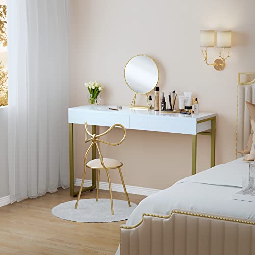 GreenForest Vanity Desk with 2 Drawers Glossy White Makeup Table 47 inch Modern Home Office Computer Desk Dressing Console Table with Metal Gold Legs for Bedroom,Without Mirror