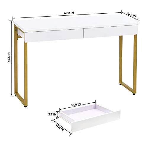 GreenForest Vanity Desk with 2 Drawers Glossy White Makeup Table 47 inch Modern Home Office Computer Desk Dressing Console Table with Metal Gold Legs for Bedroom,Without Mirror