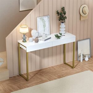 GreenForest Vanity Desk with 2 Drawers Glossy White Makeup Table 47 inch Modern Home Office Computer Desk Dressing Console Table with Metal Gold Legs for Bedroom,Without Mirror