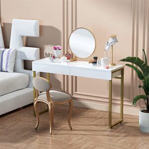 GreenForest Vanity Desk with 2 Drawers Glossy White Makeup Table 47 inch Modern Home Office Computer Desk Dressing Console Table with Metal Gold Legs for Bedroom,Without Mirror