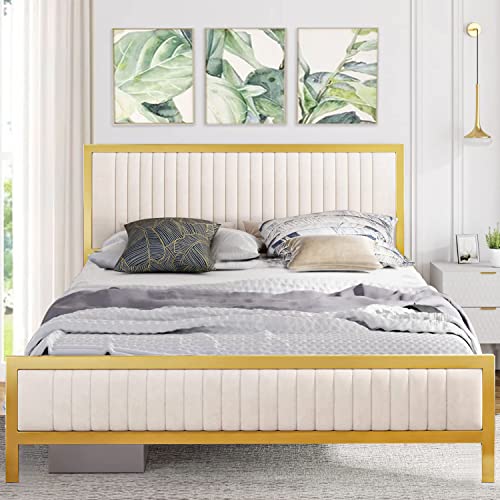 Queen Platform Bed Frame, Velvet Upholstered Bed Frame Queen Size, Golden Metal Bed Frame with Headboard and Footboard, Wooden Slat Support/Mattress Foundation/No Box Spring Needed, Golden/Beige