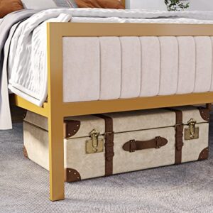 Queen Platform Bed Frame, Velvet Upholstered Bed Frame Queen Size, Golden Metal Bed Frame with Headboard and Footboard, Wooden Slat Support/Mattress Foundation/No Box Spring Needed, Golden/Beige