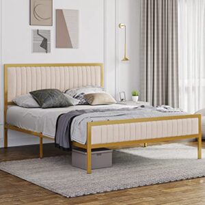 Queen Platform Bed Frame, Velvet Upholstered Bed Frame Queen Size, Golden Metal Bed Frame with Headboard and Footboard, Wooden Slat Support/Mattress Foundation/No Box Spring Needed, Golden/Beige