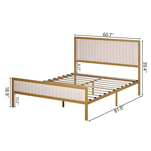 Queen Platform Bed Frame, Velvet Upholstered Bed Frame Queen Size, Golden Metal Bed Frame with Headboard and Footboard, Wooden Slat Support/Mattress Foundation/No Box Spring Needed, Golden/Beige