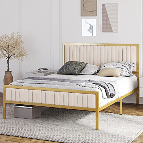 Queen Platform Bed Frame, Velvet Upholstered Bed Frame Queen Size, Golden Metal Bed Frame with Headboard and Footboard, Wooden Slat Support/Mattress Foundation/No Box Spring Needed, Golden/Beige