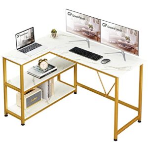greenforest l shaped desk 47 inch small size corner desk with storage shelf writing computer desk saving space for home office pc workstation laptop table, marble
