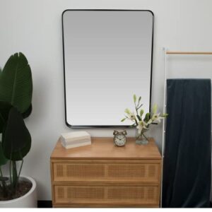 Hamilton Hills Contemporary Brushed Metal Wall Mirror | Glass Panel Black Framed Rounded Corner Deep Set Design | Mirrored Rectangle Hangs Horizontal or Vertical (30inch x 40inch)