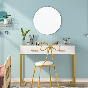 Tribesigns Computer Desk with 2 Drawers, 39.4” Modern Simple White and Gold Writing Desk Desk with Storage Drawers, Makeup Vanity Console Table Study Desk for Home Office