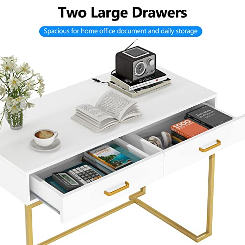 Tribesigns Computer Desk with 2 Drawers, 39.4” Modern Simple White and Gold Writing Desk Desk with Storage Drawers, Makeup Vanity Console Table Study Desk for Home Office