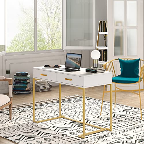 Tribesigns Computer Desk with 2 Drawers, 39.4” Modern Simple White and Gold Writing Desk Desk with Storage Drawers, Makeup Vanity Console Table Study Desk for Home Office