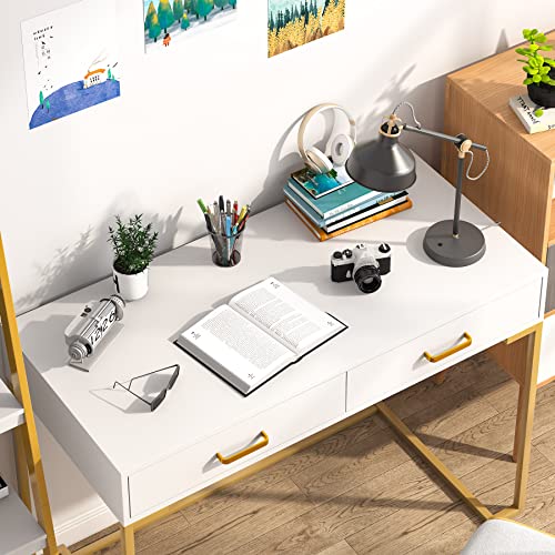 Tribesigns Computer Desk with 2 Drawers, 39.4” Modern Simple White and Gold Writing Desk Desk with Storage Drawers, Makeup Vanity Console Table Study Desk for Home Office