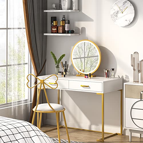 Tribesigns Computer Desk with 2 Drawers, 39.4” Modern Simple White and Gold Writing Desk Desk with Storage Drawers, Makeup Vanity Console Table Study Desk for Home Office