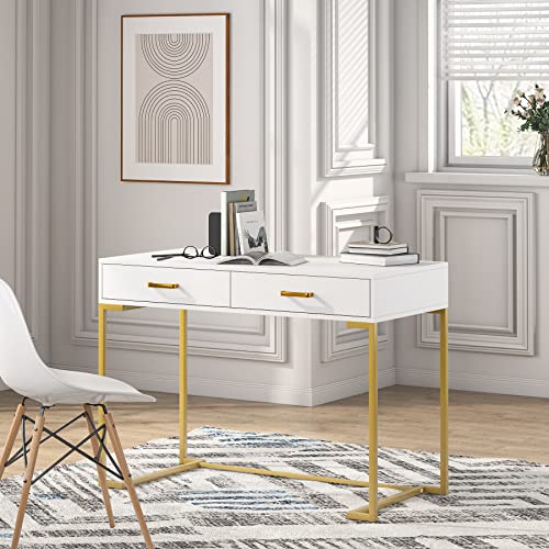 Tribesigns Computer Desk with 2 Drawers, 39.4” Modern Simple White and Gold Writing Desk Desk with Storage Drawers, Makeup Vanity Console Table Study Desk for Home Office