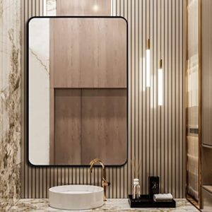 large wall mirror 30×40 bathroom mirror, black metal frame rectangle mirror with round corner, modern wall mounted vanity mirror hangs horizontal or vertical