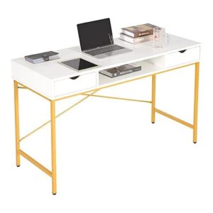jjs 48′ writing desk with drawers, contemporary home office large computer laptop workstation with storage, white/golden