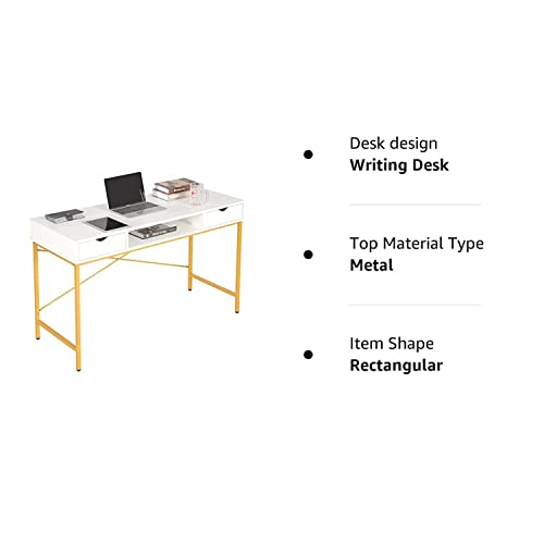 JJS 48' Writing Desk with Drawers, Contemporary Home Office Large Computer Laptop Workstation with Storage, White/Golden