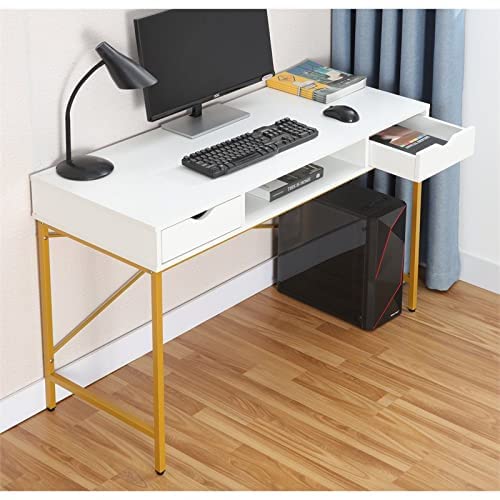 JJS 48' Writing Desk with Drawers, Contemporary Home Office Large Computer Laptop Workstation with Storage, White/Golden