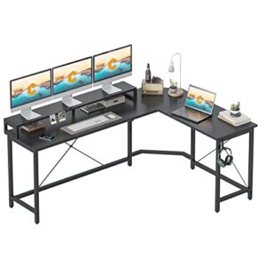 cubicubi l shaped desk, 66.7″ computer corner desk, home office study writing workstation with large monitor stand, space-saving, easy to assemble, black