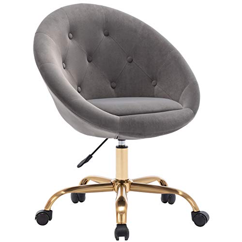 Duhome Modern Home Office Chair Desk Chair Task Computer Chair with Wheels Swivel Vanity Chair Makeup Chair Height Adjustable Chairs Velvet Button Tufted with Wheels and Gold Metal Base (Grey)