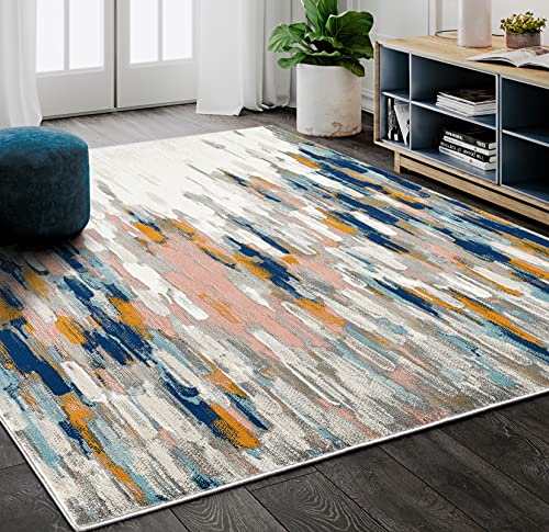 Abani Rugs Orange & Blue Contemporary Abstract Area Rug Contemporary Style, Porto Collection Stain Shedding Resistant, 6' x 9' Rectangle