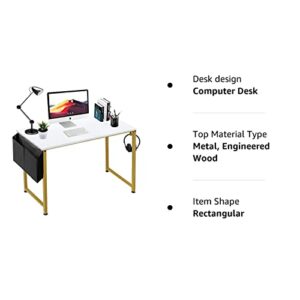 Lufeiya Computer Desk Small White Gold Writing Table for Home Office Compact Spaces 39 Inch Modern Student Study Desk,White Gold