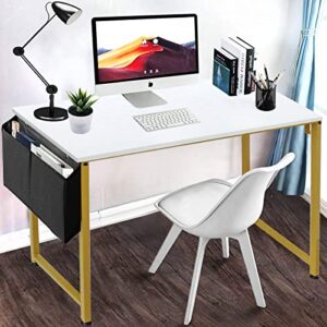 Lufeiya Computer Desk Small White Gold Writing Table for Home Office Compact Spaces 39 Inch Modern Student Study Desk,White Gold