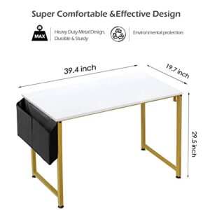 Lufeiya Computer Desk Small White Gold Writing Table for Home Office Compact Spaces 39 Inch Modern Student Study Desk,White Gold