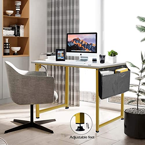 Lufeiya Computer Desk Small White Gold Writing Table for Home Office Compact Spaces 39 Inch Modern Student Study Desk,White Gold