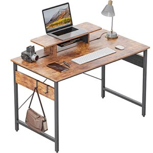 cubicubi small computer desk 40″ home office desk with storage table, modern writing style pc table with mobile phone bracket and hooks, rustic brown