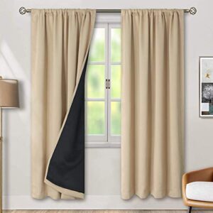 bgment thermal insulated 100% blackout curtains for bedroom with black liner, double layer full room darkening noise reducing rod pocket curtain (42 x 84 inch, beige, 2 panels)