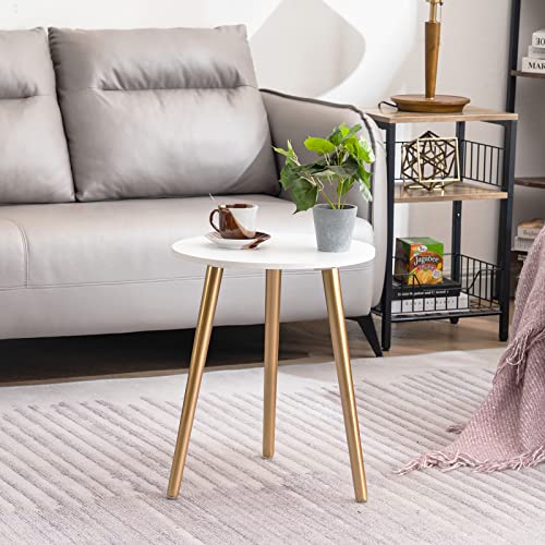 Apicizon Round Side Table, White Nightstand Coffee End Table for Living Room, Bedroom, Small Spaces, Easy Assembly Boho Side Table Home Decor Bedside Table with Glod Wood Legs 16.5 Inch (Gold)