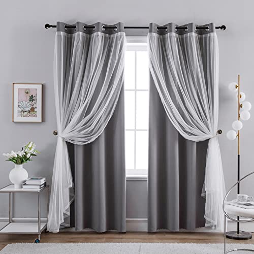 Anytime Home Curtains Blackout and Sheer Layered Solid Window Curtain Panel Pair with Grommet Top, 52Wx84L,Grey