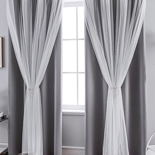 Anytime Home Curtains Blackout and Sheer Layered Solid Window Curtain Panel Pair with Grommet Top, 52Wx84L,Grey