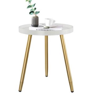 round side table, wooden tray table with metal tripod stand, 3 gold legged white table, accent table for living room bedroom office small spaces, 18″ h x 15″ d
