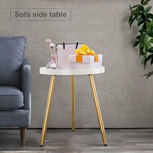 Round Side Table, Wooden Tray Table with Metal Tripod Stand, 3 Gold Legged White Table, Accent Table for Living Room Bedroom Office Small Spaces, 18" H x 15" D