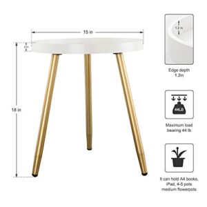 Round Side Table, Wooden Tray Table with Metal Tripod Stand, 3 Gold Legged White Table, Accent Table for Living Room Bedroom Office Small Spaces, 18" H x 15" D