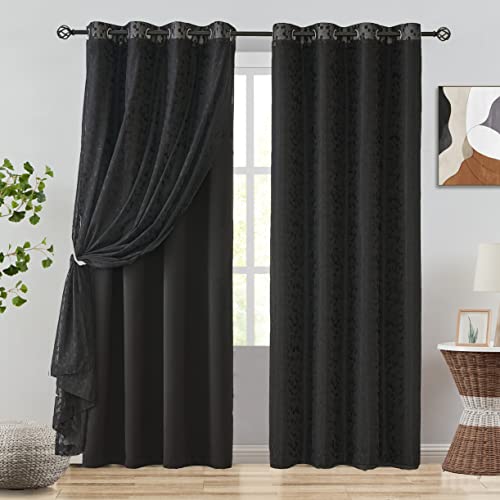 Jubilantex Full Blackout Curtains + Leaf Sheer Window Panels, Mix and Match Style Double Layer Window Treatment Sets for Bedroom Living Room, 4 Panels 52" W x 84" L, Black and Black