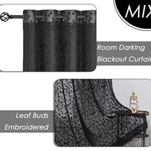 Jubilantex Full Blackout Curtains + Leaf Sheer Window Panels, Mix and Match Style Double Layer Window Treatment Sets for Bedroom Living Room, 4 Panels 52" W x 84" L, Black and Black