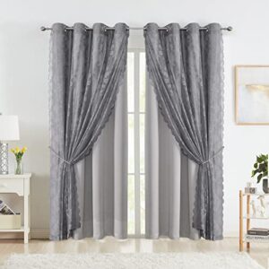 4 pieces grey blackout curtains & elegant rose floral lace sheer curtains for bedroom farmhouse mix and match double layer or single layer gray room darkening grommet window drapes, 52″w x 84″l x 4