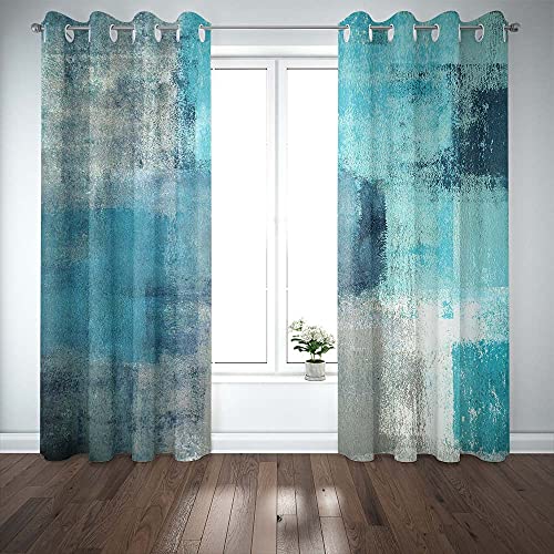 TOMWISH Turquoise Window Curtain Panels Grommet Blackout Curtains Turquoise Grey Abstract Art Painting Modern Patio Blackout Curtains for Living Room Bedroom Window Treatment Set 52 X 84 Inch 2 Panel