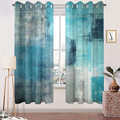 TOMWISH Turquoise Window Curtain Panels Grommet Blackout Curtains Turquoise Grey Abstract Art Painting Modern Patio Blackout Curtains for Living Room Bedroom Window Treatment Set 52 X 84 Inch 2 Panel