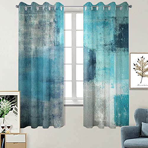 TOMWISH Turquoise Window Curtain Panels Grommet Blackout Curtains Turquoise Grey Abstract Art Painting Modern Patio Blackout Curtains for Living Room Bedroom Window Treatment Set 52 X 84 Inch 2 Panel