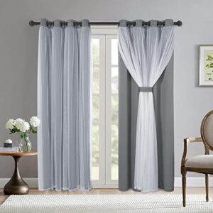 bonzer white sheer tulle overlay blackout curtains grommet top mix and match curtains for living room, cloud grey, 52×84 inch, set of 2 panels