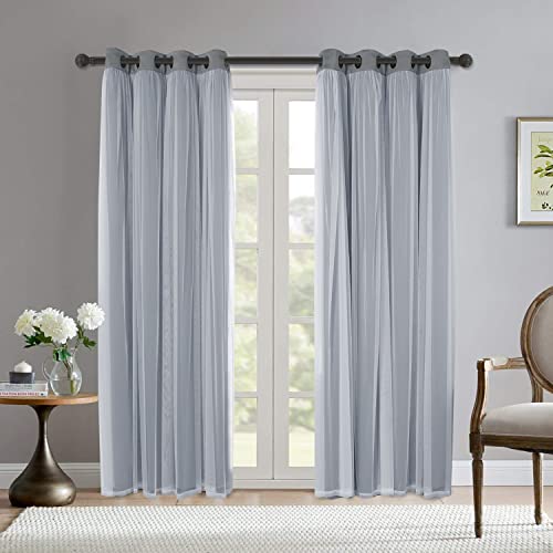 BONZER White Sheer Tulle Overlay Blackout Curtains Grommet Top Mix and Match Curtains for Living Room, Cloud Grey, 52x84 Inch, Set of 2 Panels