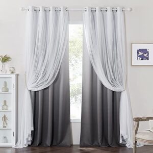 pony dance living room curtains – blackout curtains grey ombre with white sheer overlay thermal insulated mix & match for home decoration with tie ropes, w52 x l84 inch, 2 panels