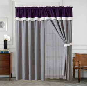 all american collection new 4 piece curtain set with attached sheer backing (curtain, purple/grey)