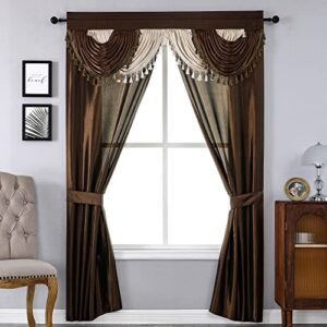 Regal Home Collections Amore Curtains 5-Piece Window Curtain Set - 54-Inch W x 84-Inch L Panels with Attached Valance and 2 Tiebacks - Bedroom Curtains and Living Room Curtains (Brown)