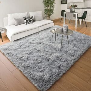 wellber modern soft shag rugs, 4×5.9 feet grey fluffy home decorative carpets for bedroom, rectangle durable fuzzy area rug for living room dorm nursery, plush floor shaggy fur throw rug