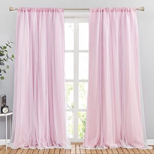 PONY DANCE Bedroom Curtains Sheer Overlay - Pink Curtains Mix & Match with White Sheer Drapes Elegant for Girls Room Darkening, 52" x 95", Light Pink, 2 PCs
